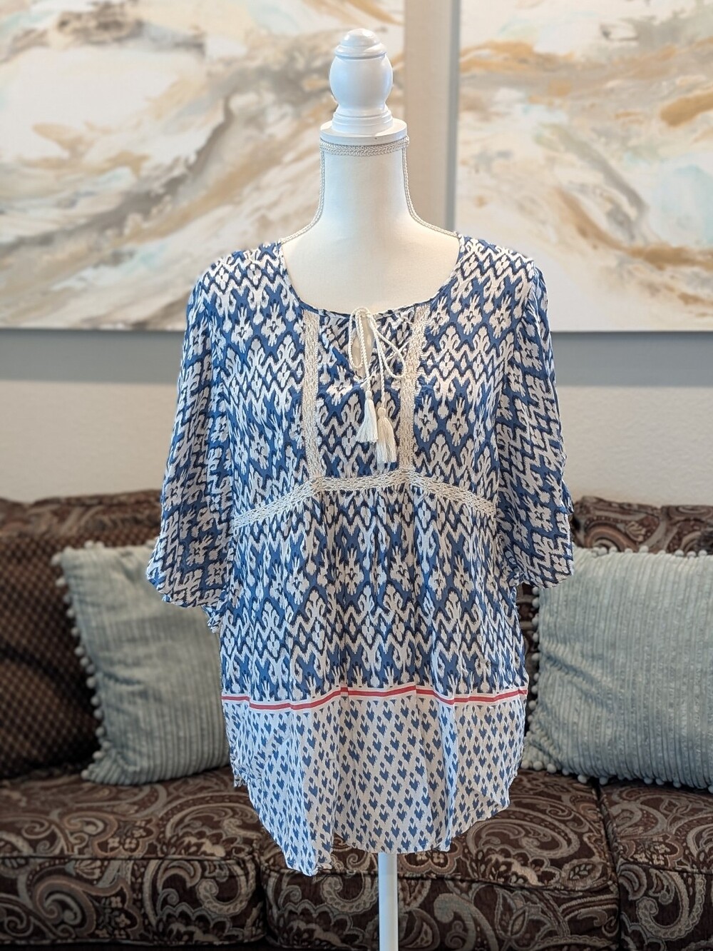 Blue Tie-Neck Peasant Top